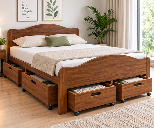Curvy Simple Wooden Bed With 4 Trolly