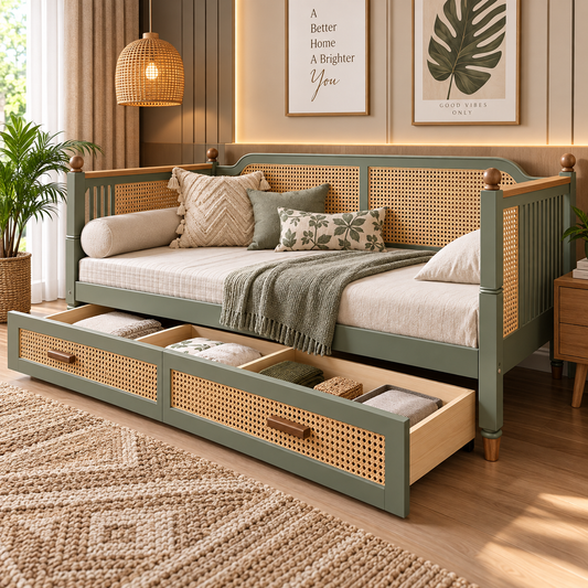 French Style Rattan Daybed with Trundle Sofa Bed