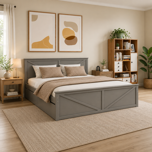 Curvy Simple Wooden Bed With 4 Trolly