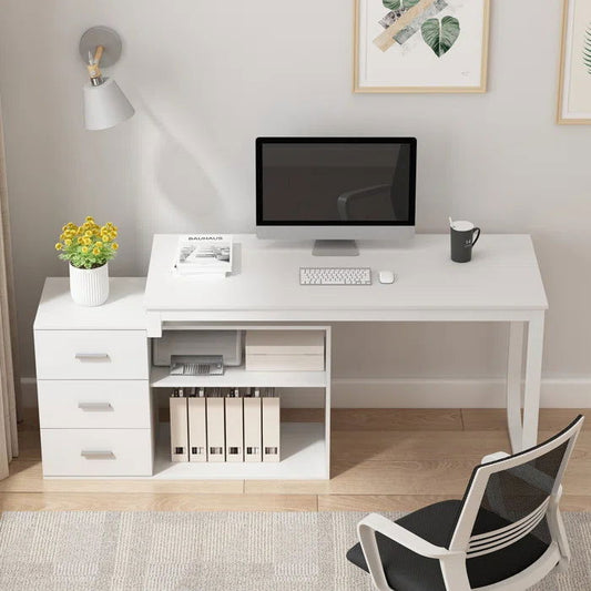 Vanshree Solid Wood Reversible White L Shaped PU Computer Table for Home & Office