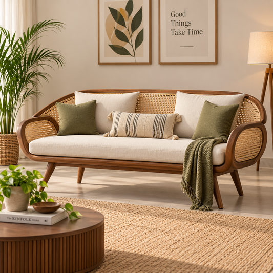 Solid Teak Wood Cane Sofa with Curved Handles