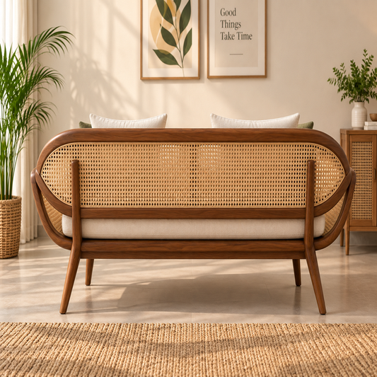 Solid Teak Wood Cane Sofa with Curved Handles