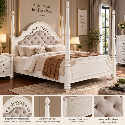 Stylewood Royal Poster Bed with Upholstered Headboard