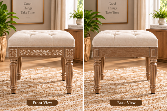 Vintage Solid Wood Distressed Upholstered Ottoman