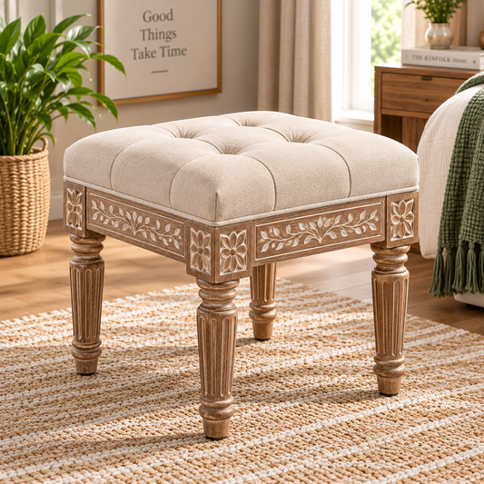 Vintage Solid Wood Distressed Upholstered Ottoman