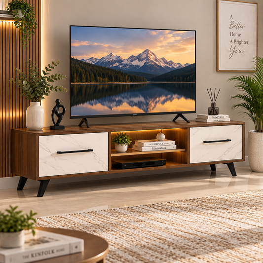 Wrinkle TV Unit in Columbian Walnut with PU White Drawer, Solid Sheesham Wood & Iron Legs