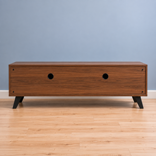 Wrinkle TV Unit in Columbian Walnut with PU White Drawer, Solid Sheesham Wood & Iron Legs