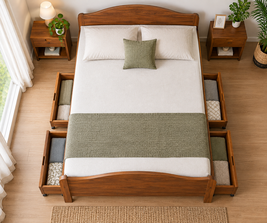 Curvy Simple Wooden Bed With 4 Trolly