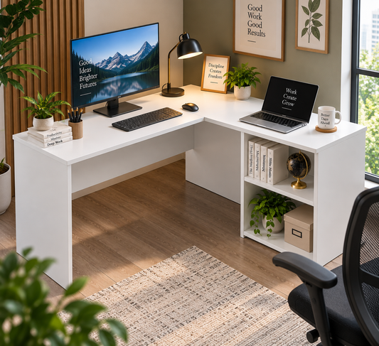 Vanshree Solid Wood Reversible White L Shaped PU Computer Table for Home & Office