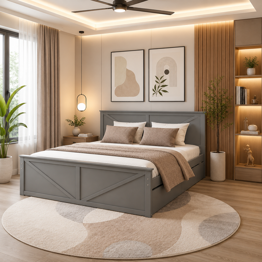 Curvy Simple Wooden Bed With 4 Trolly