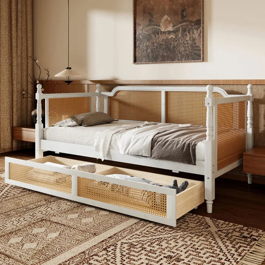 French Style Rattan Daybed with Trundle Sofa Bed