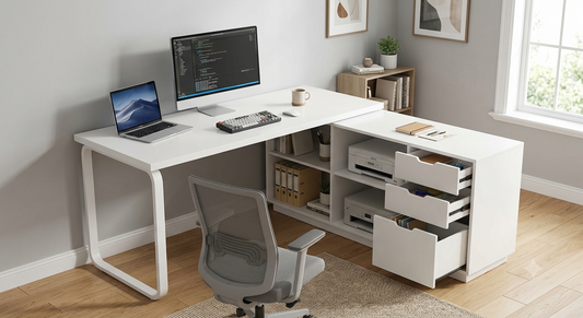 Vanshree Solid Wood Reversible White L Shaped PU Computer Table for Home & Office