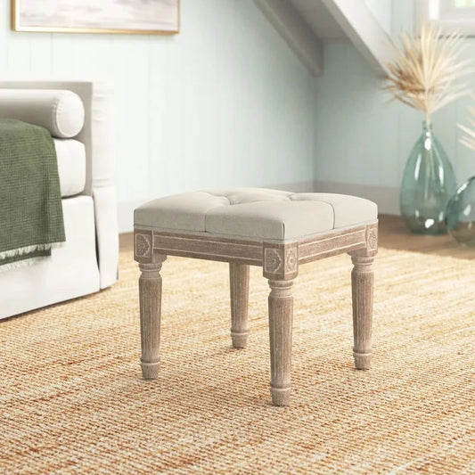 Vintage Solid Wood Distressed Upholstered Ottoman