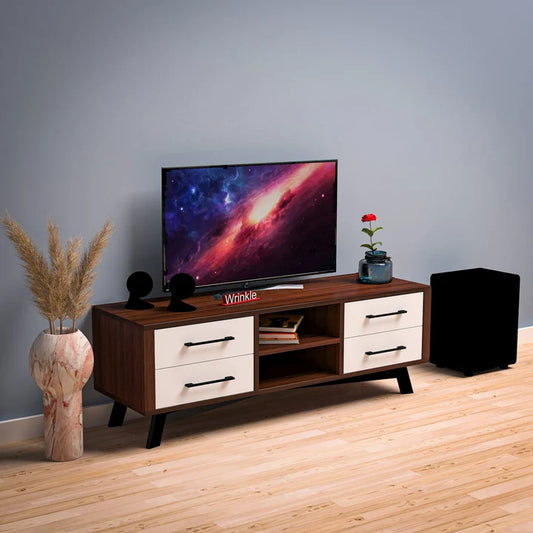 Wrinkle TV Unit in Columbian Walnut with PU White Drawer, Solid Sheesham Wood & Iron Legs